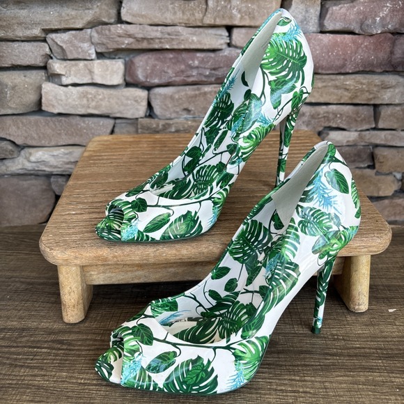 Aldo Stella Printed Patent Tropical Leaves Stiletto 4.5 In Peep Toe Heels 9 - Picture 11 of 12